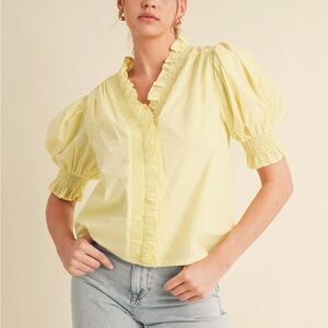 & Merci Yellow Puff Sleeve Top Cotton Short Sleeve Blouse Bright Pastel